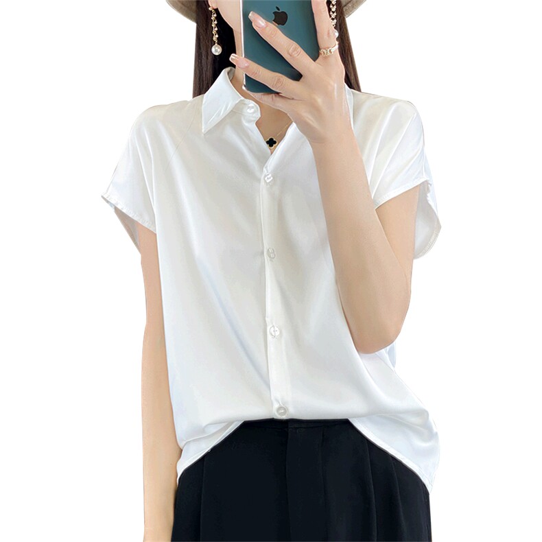 翻领短袖单排扣纯色显瘦气质2024年夏季衬衫,女装衬衫,绒宛羊绒