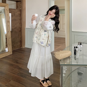 针织印花马甲连衣裙套装女2025春季新款度假风超仙森系长裙两件套图片