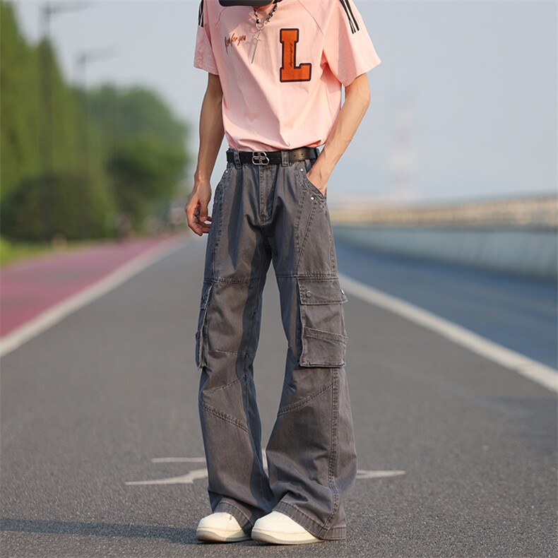 美式解构设计多口袋直筒微喇工装裤男水洗做旧vibe裤子X9944-P73，男装工装外套，星座1008