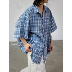 C316CS8333P68夏季新款格子撞色小清新蓝色刺绣短袖衬衫宽松，男装T恤，电商C316