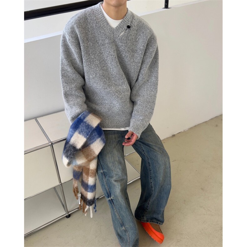 M222-特P60灰色设计感松弛感V领针织衫宽松毛衣,男装针织衫/毛衣,星座1501-3