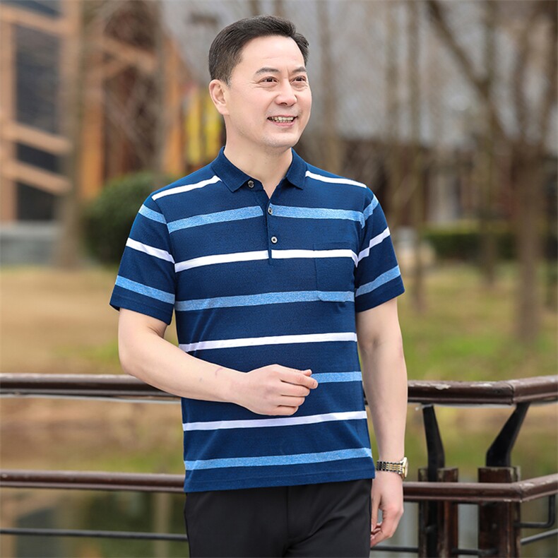 2025新款夏季爸爸装真口袋短袖t恤中老年男装翻领休闲冰丝POLO衫,男装T恤,星座1109