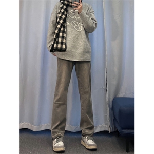 美式hiphop烟灰色毛边修身直筒显瘦牛仔裤痞帅高街图片