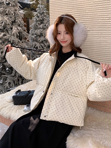 新款现货2025年冬季千金风波点韩系休闲短款丝绒领带羽绒服外套图片