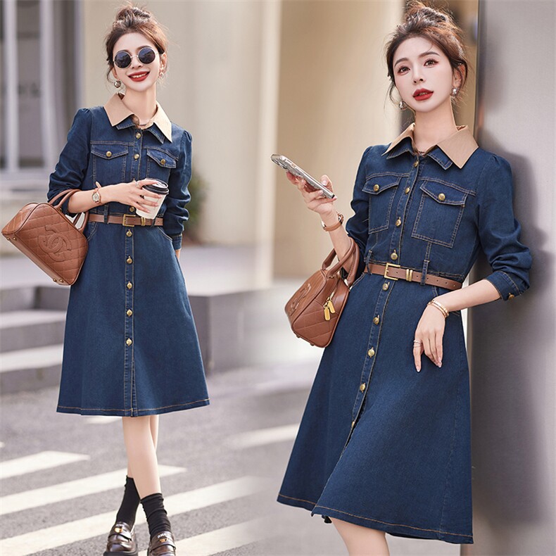 欧货复古牛仔连衣裙女2024年春秋新款今年流行气质别致长袖衬衫裙，女装连衣裙，悦祺