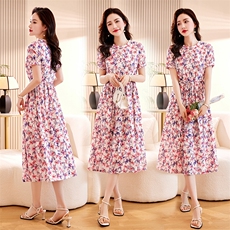 高级感纯棉印花连衣裙女2026新款夏季短袖收腰显瘦气质碎花长裙子，女装连衣裙，倪叶myz