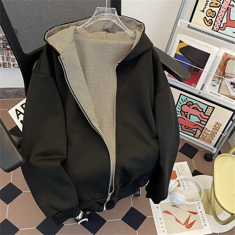 复古千鸟格双面穿格子拉链开衫卫衣cleanfit外套,女装短外套,星座506A