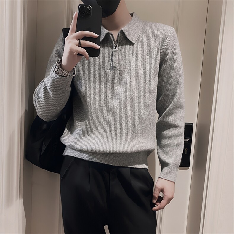 LV277/P88控118冬季轻熟风法式POLO领半拉链休闲毛衣男灰色首1,男装针织衫/毛衣,星座305B