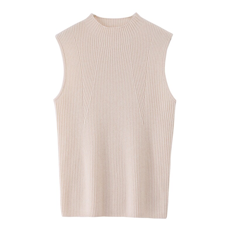 2025年秋季新款抽条针织无袖半高领上衣时尚休闲通勤百搭，女装羊绒衫，高粱穗羊绒