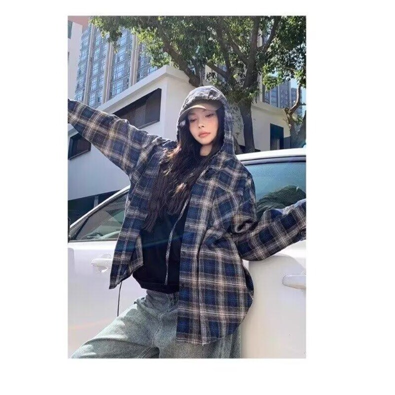 美式复古连帽蓝色格子衬衫男春夏2025薄款长袖设计感痞帅衬衣外套,男装衬衫,星座506A