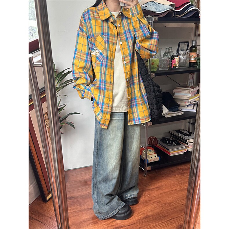 wassuphappy黄格长袖衬衫男款春秋季潮牌复古宽松衬衣服休闲外套,男装衬衫,电商A003