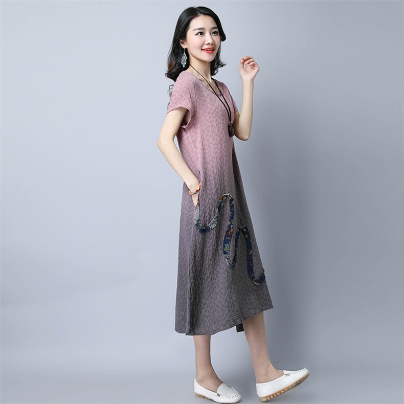长裙贴布短袖2021年夏季口袋A型件宽松腰圆领纯色连衣裙,女装连衣裙,独衣靓