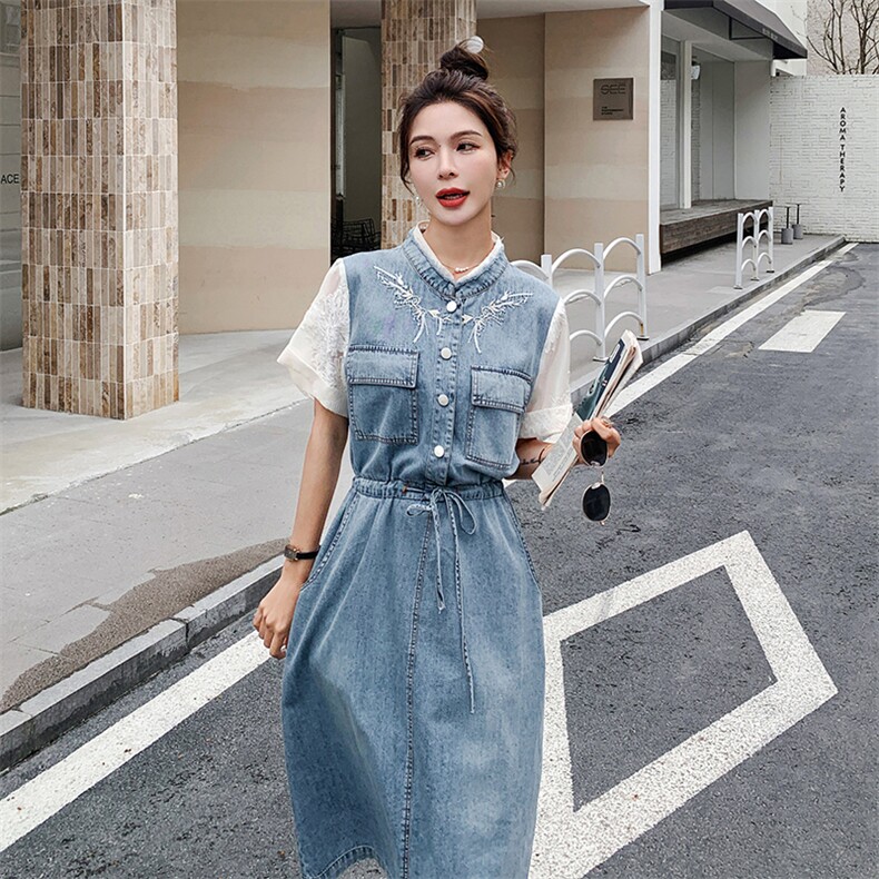 时尚显瘦夏季牛仔连衣裙中长款女清新减龄刺绣设计百搭休闲风,女装连衣裙,秋水欣儿