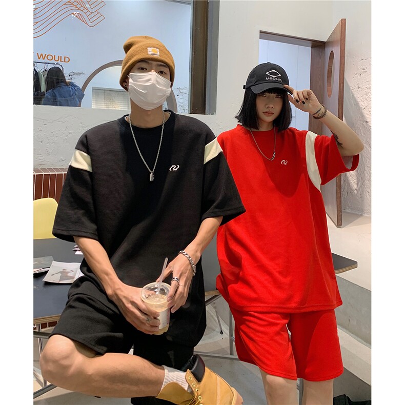 情侣装夏装新款华夫格撞色拼接套装男女宽松半袖T恤潮D295P68,男装T恤,电商A335-1（原A458）
