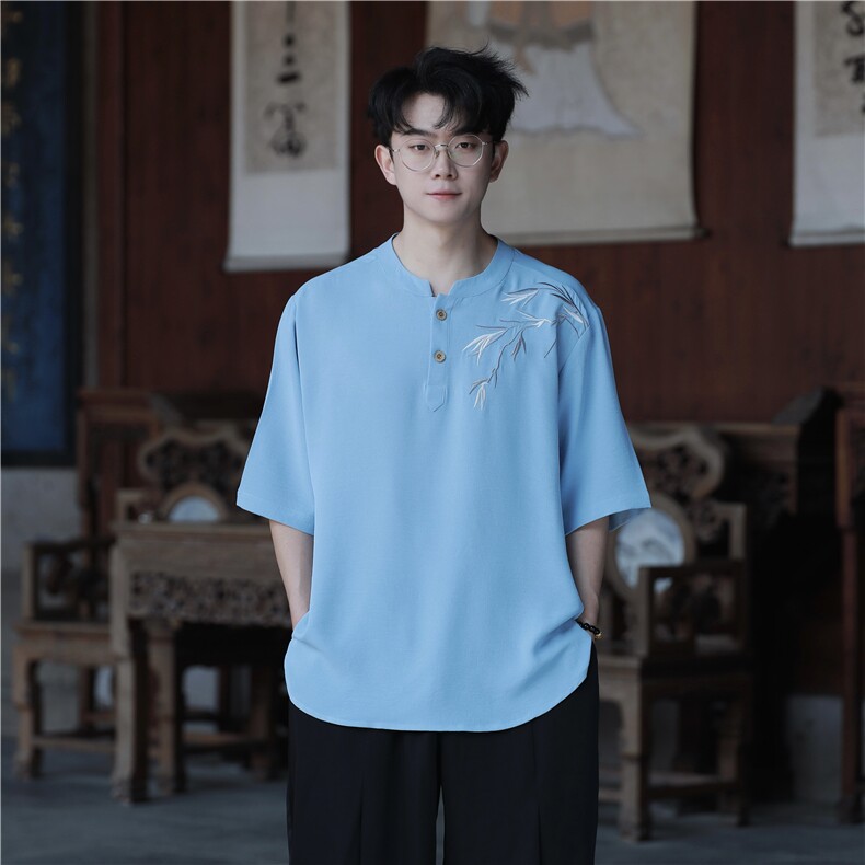 新款夏季冰丝立领短袖男风刺绣新中式大码垂感T恤男T812P55,男装T恤,电商A021A