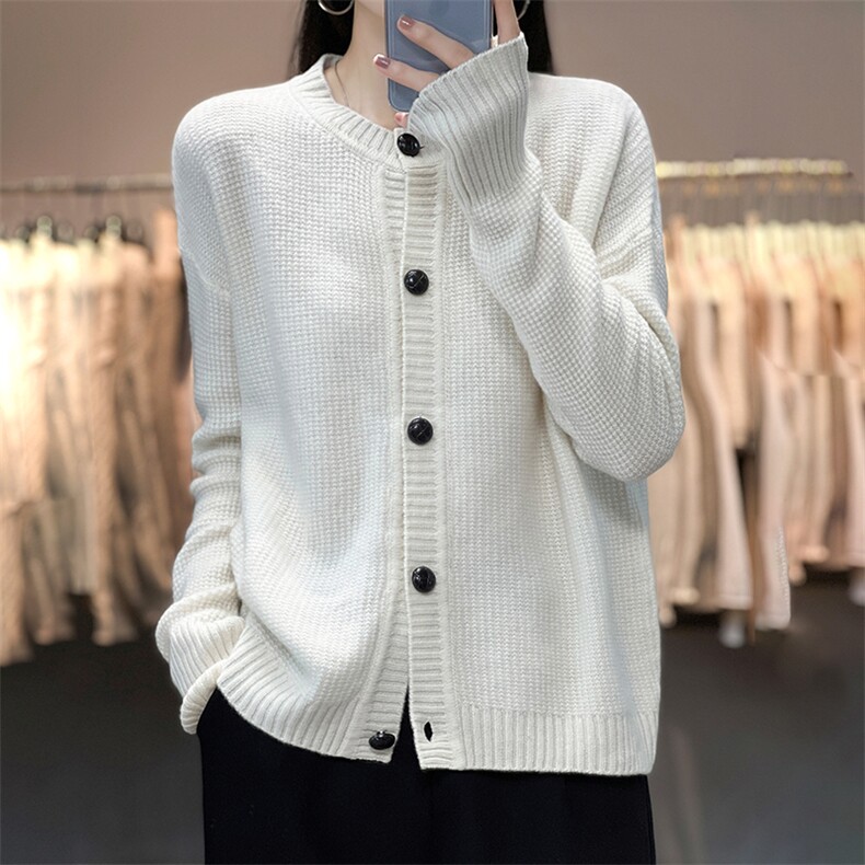 秋冬季新款女百搭显瘦时尚圆领羊毛开衫,女装羊毛衫,温贝羊绒