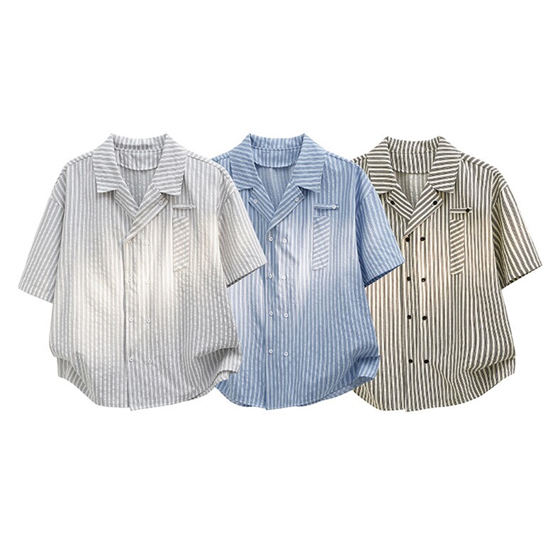 得物英伦学院风青春男大竖条纹短袖衬衫翻领外套口袋设计短袖P40，男装衬衫，电商B319