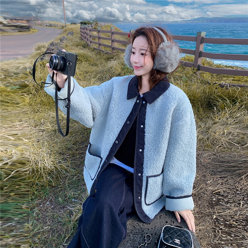 现货款号7767皮毛一体牛仔拼接P205K298,女装毛呢外套,2D043