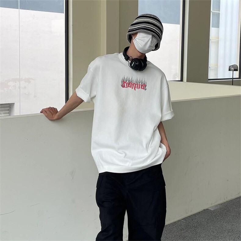 抖音得物210克现货宽松纯棉美式潮牌印花落肩袖纯棉T恤AT21135,男装T恤,电商A443