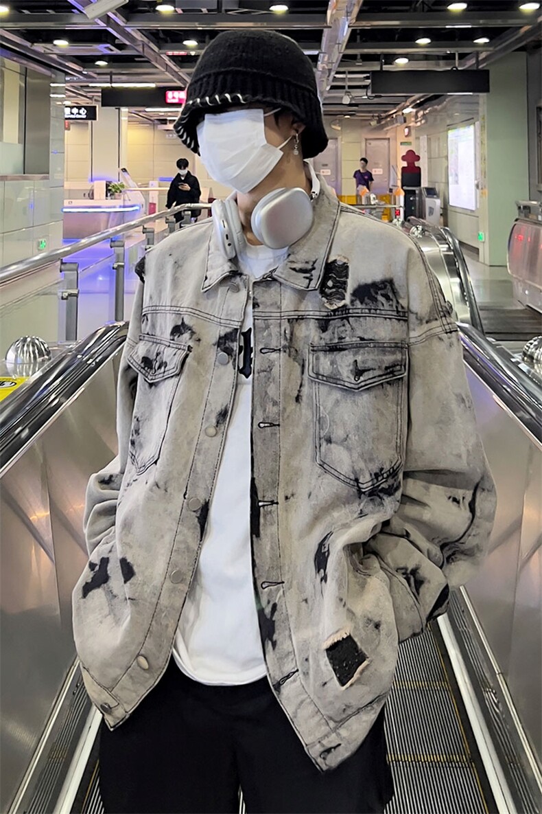 美式牛仔外套男春扎染破坏牛仔衣设计感高街夹克潮NT521P75,男装工装外套,星座301D-2(原星座1004-1）