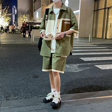 港风夏潮流印花拼接开衫宽松短袖衬衣短裤帅气套装A436-D218-P60，男装休闲套装，电商A436