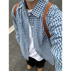 cleanfit蓝色格子衬衫男春季内搭慵懒风长袖格纹衬衣美式情侣外套，男装衬衫，星座301C-5