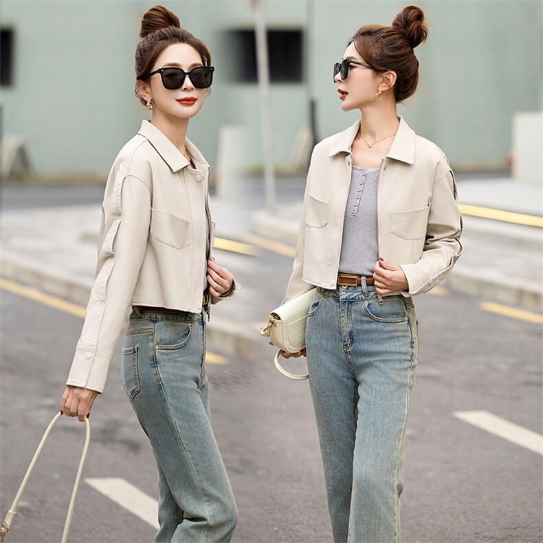 配裙子的皮夹克上衣女短款春秋新款2025时尚小个子机车服皮衣外套,女装皮衣,魅丽静蓝