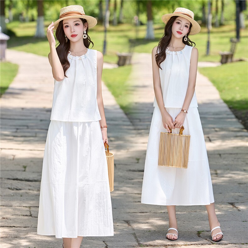法式无袖背心裙套装女2026夏季新款白色时尚两件套度假风高级感,女装套装/套裙,悠米