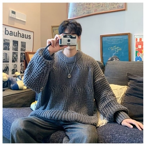 B303 P52秋季拼色圆领毛衣男美式复古潮牌宽松图片