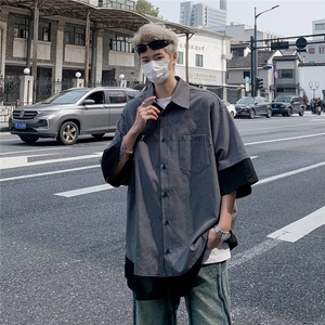 夏季新款男装复古休闲条纹短袖衬衫翻领清新潮流衬衣 C5103图片