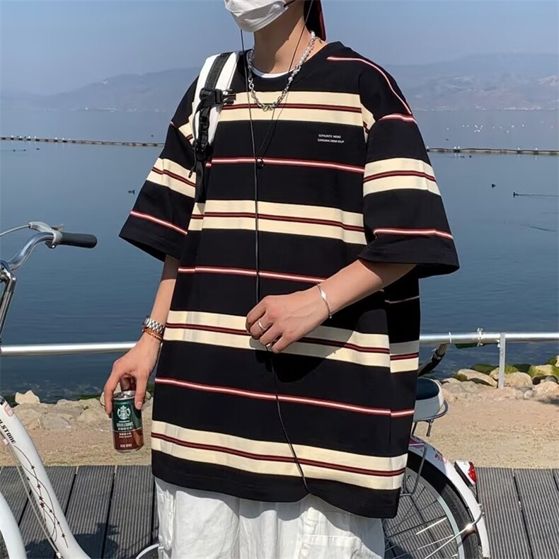 美式潮牌复古条纹短袖T恤男女街头宽松百搭休闲GT108P23,男装T恤,星座1116-2
