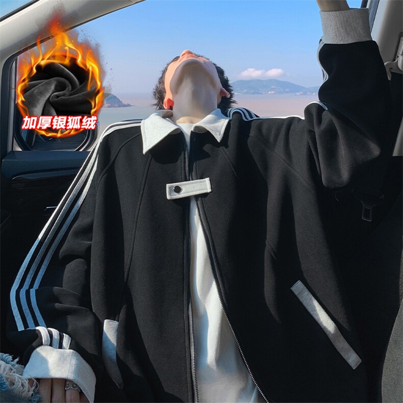 500g高克重潮流三条杠大码华棉卫衣外套男W5089J加绒-特P55控108，男装卫衣，电商A001-1