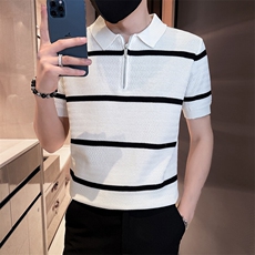 2025夏季短袖针织冰丝条纹短袖翻领Polo衫F6182-P55，男装T恤，电商D342
