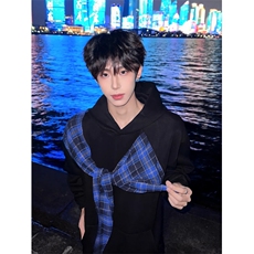 设计感假两件格纹披肩连帽卫衣男女潮牌宽松套头外套LHT2333-P47，女装短外套，星座1008