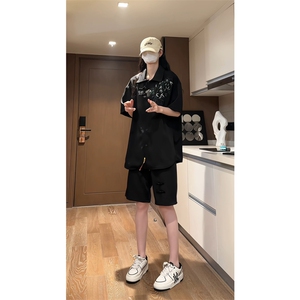 量大优 供视频 新风刺绣花冰丝短裤短袖套装衬衫男 CP55-特p61图片