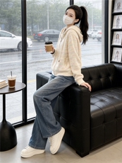 慵懒风时尚休闲运动套装女春款彩色针织连帽开衫卫衣阔腿裤两件套，女装套装/套裙，江南