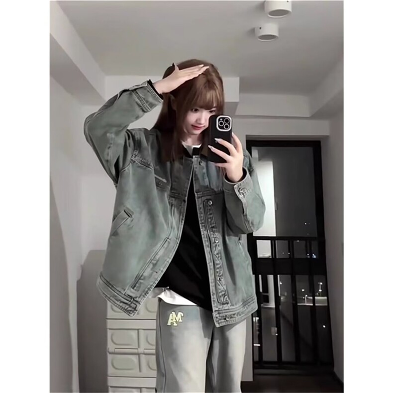 F4006-P64美式复古水洗做旧绿色牛仔外套秋季小众欧美高街,男装工装外套,电商B323A