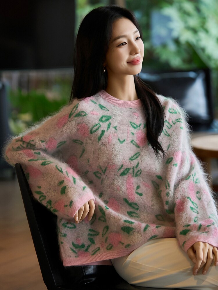 高端氛围感拉绒羊毛针织衫女韩系提花长袖保暖长毛宽松慵懒毛衣潮,针织衫/毛衣,暖烁羊绒