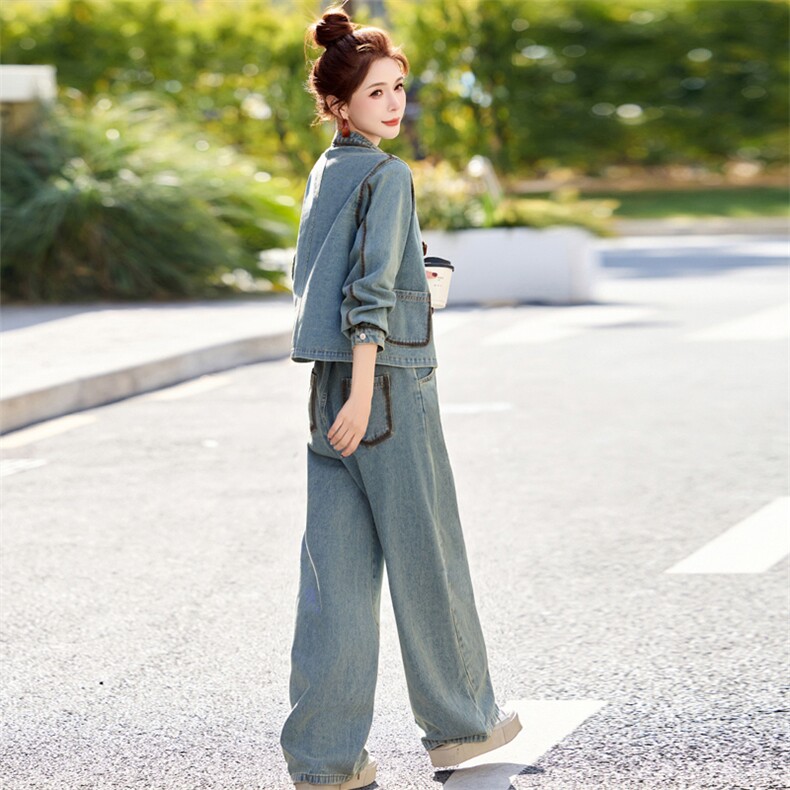 港风复古高级盘扣牛仔套装潮2025春秋新款女减龄洋气阔腿裤两件套，女装套装/套裙，欣品汇