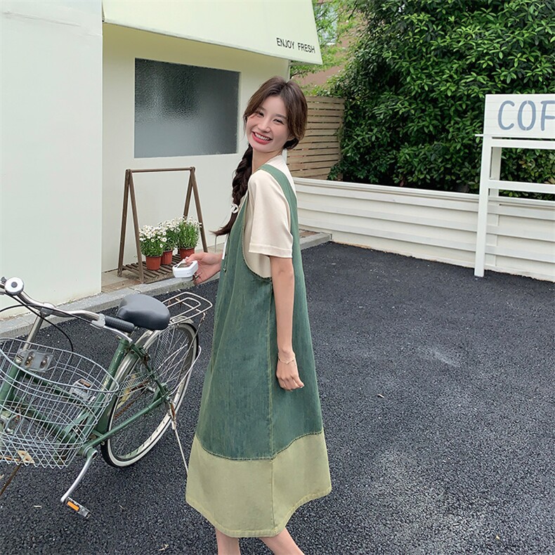 短袖网红牛仔拼接背心裙两件套女夏季新款学院风设计感减龄连衣裙,女装套装/套裙,幸运星