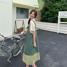 短袖网红牛仔拼接背心裙两件套女夏季新款学院风设计感减龄连衣裙，女装套装/套裙，幸运星