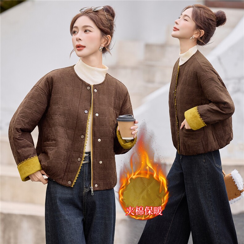 休闲短款夹棉外套2025冬新款减龄洋气圆领棉衣棉服女,女装棉衣/棉服,余墨