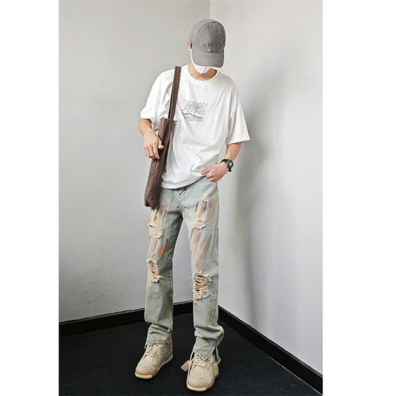 B221美式ins高街暗黑小众拉链喷墨破洞牛仔裤LK23085-P65控88,男装牛仔裤,电商B221