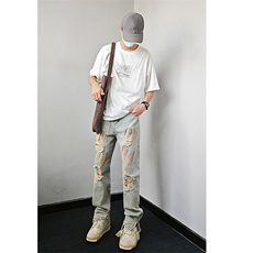 B221美式ins高街暗黑小众拉链喷墨破洞牛仔裤LK23085-P65控88，男装牛仔裤，电商B221