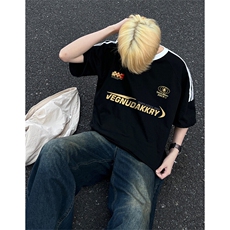 夏季美式高街重磅纯棉三条杠织带撞色男女短袖T恤ZD635-特P30，男装T恤，电商A486-1