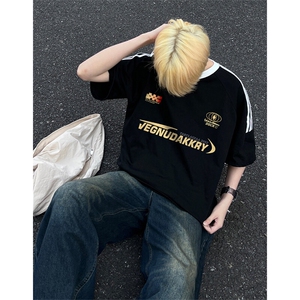 夏季美式高街重磅纯棉三条杠织带撞色男女短袖T恤ZD635-特P30图片