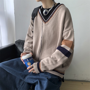 秋装 港风针织衫V领长袖毛衣JK宽松外套情侣慵懒风中性 W08/P65图片
