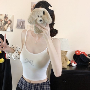 蝴蝶结烫钻性感吊带背心女修身内搭辣妹粉色短款露背外穿上衣图片