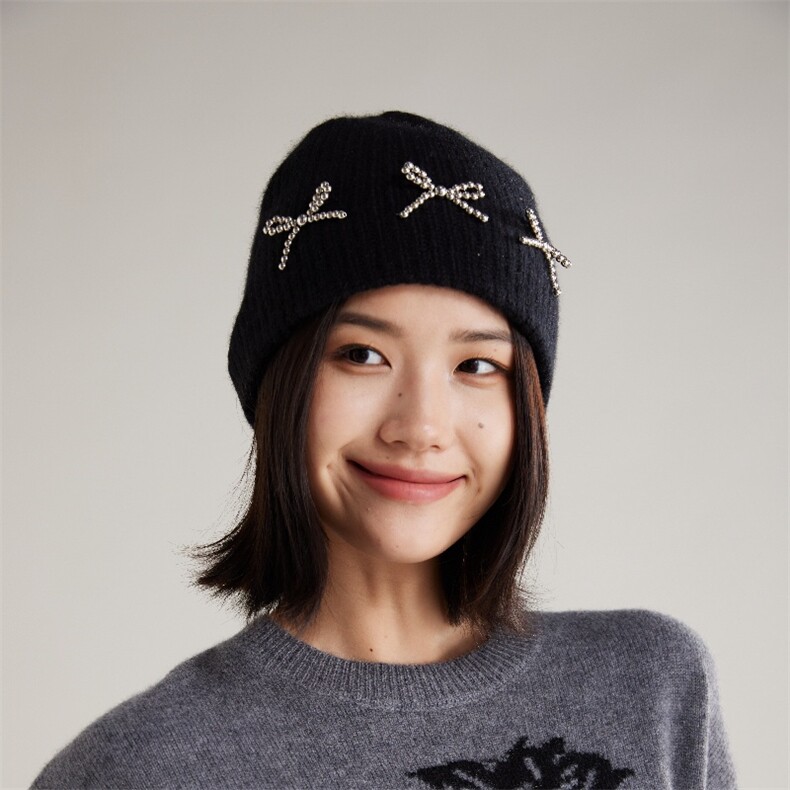 时尚百搭女士羊绒帽秋冬保暖蝴蝶结装饰针织帽高品质羊绒毛线帽,饰品帽子,丽靓一衫