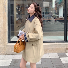 卡其色复古撞色格纹拼接风衣外套女春秋2025新款独特超好看高级感，女装风衣，2C037
